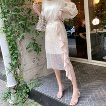 Clearance summer white chiffon high waist skirt womens new Korean design sense sequin A-line hip skirt