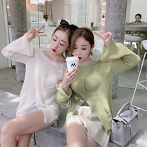 ByYou spring white mohair sweater womens pullover thin blouse lazy wind split hole sweater