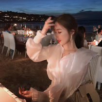 ByYou lantern sleeve ruffle white shirt Womens mesh chiffon shirt Mind shirt Western style super fairy top