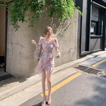 ByYou summer retro red floral chiffon dress waist thin ruffle temperament printed skirt