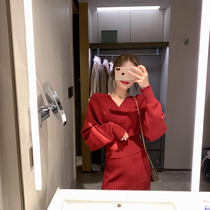 ByYou fashion knitted suit womens autumn and winter new loose v-neck sweater waist over-the-knee pleated skirt two-piece set