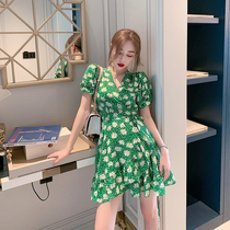 ByYou 2019 summer temperament V-neck chiffon dress female Korean western style waist thin mid-length skirt A-line skirt