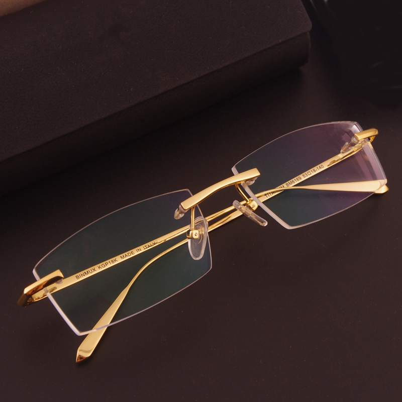 18k金无框近视眼镜架男款超轻纯钛眼镜框商务舒适大脸金色配眼镜_不