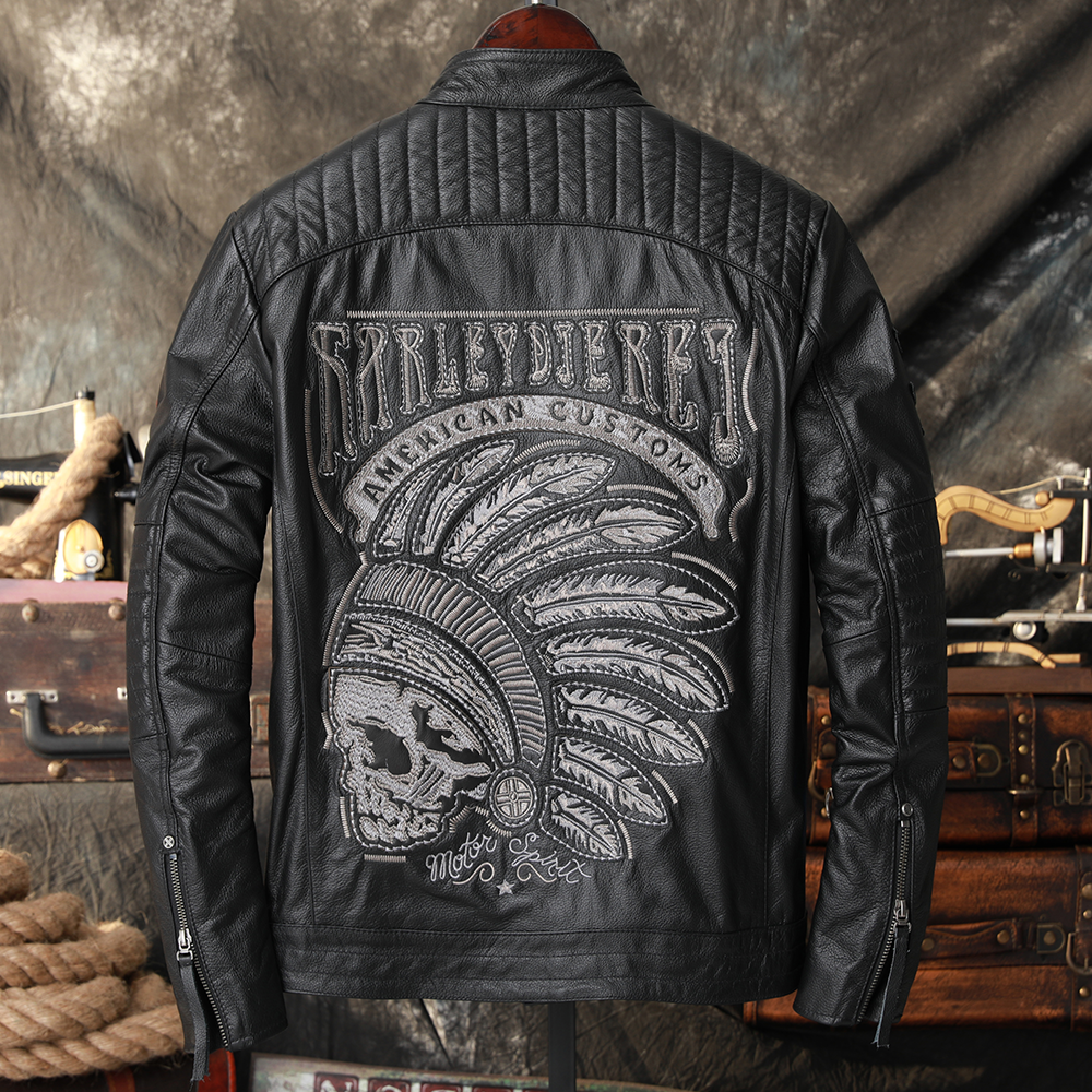 Indian Skull Embroidered Leather Jacket Men's Top Layer Cowhide Slim Short Leather Jacket Trendy Brand Motorcycle Leather Jacket