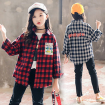 Girls Plaid shirt 2020 autumn new medium and large childrens foreign style lapel long-sleeved shirt Childrens spring and autumn tops