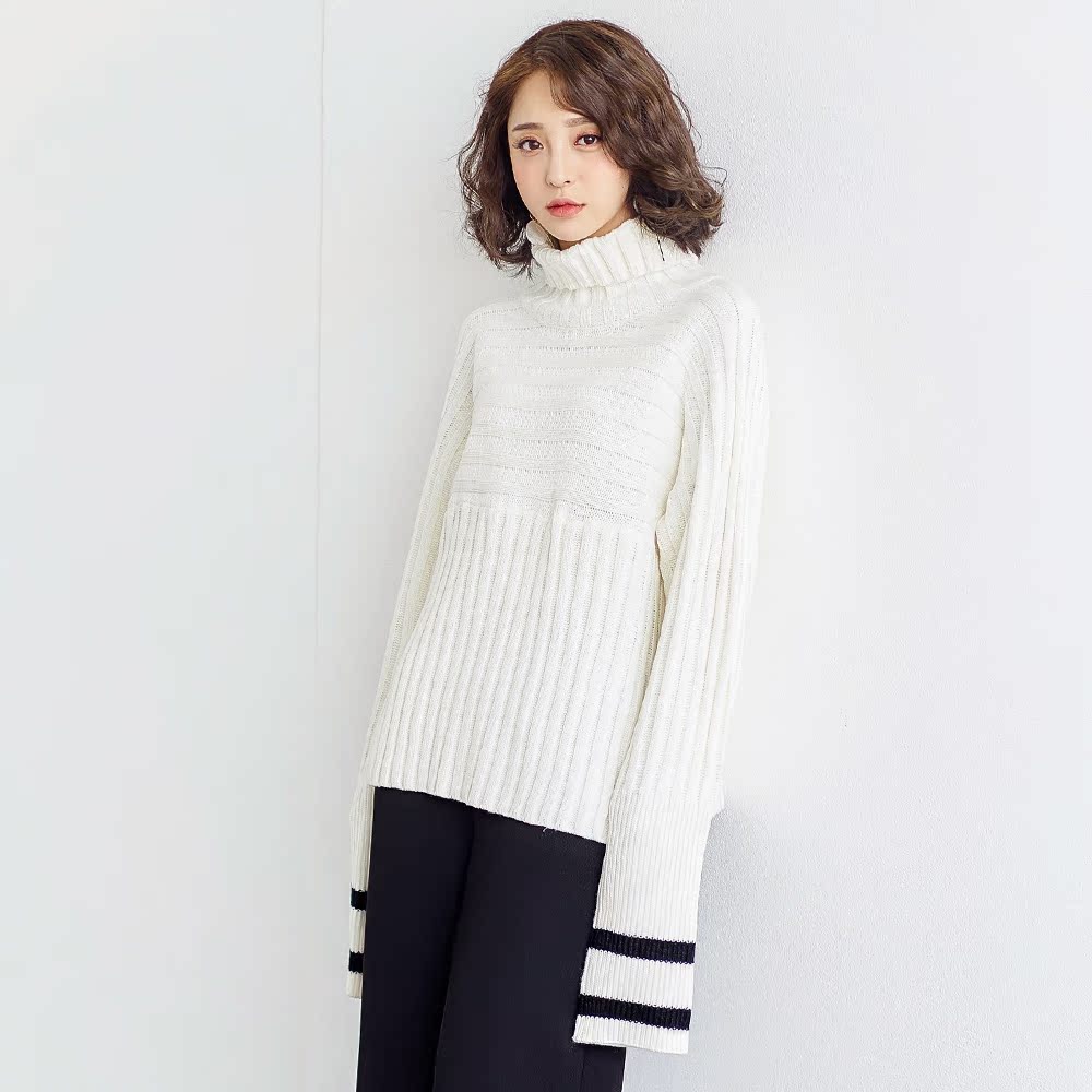 秋冬韩版白色高领毛衣女宽松套头长袖条纹显瘦百搭学生打底针织衫