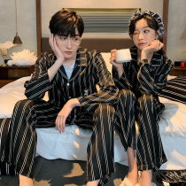 Mulberry Silk Real Silk Sleepwear Woman Pituality Lovers Striped Long Sleeves Long Pants Suit Superior Sensation Spring Autumn Family Conserved Man