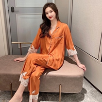 Mulberry Silk Real Silk Sleepwear Woman 2022 New Spring Autumn Silk Long Sleeve Long Pants Lace Suit Mid Sleeve Home Dress