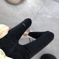 Wannan thin ~ Super soft waxy elastic slim jeans female Spring and Autumn new tight-fitting grinding hole pants