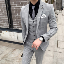 groom wedding plaid suit three piece set men english style business slim suit suit best man dress