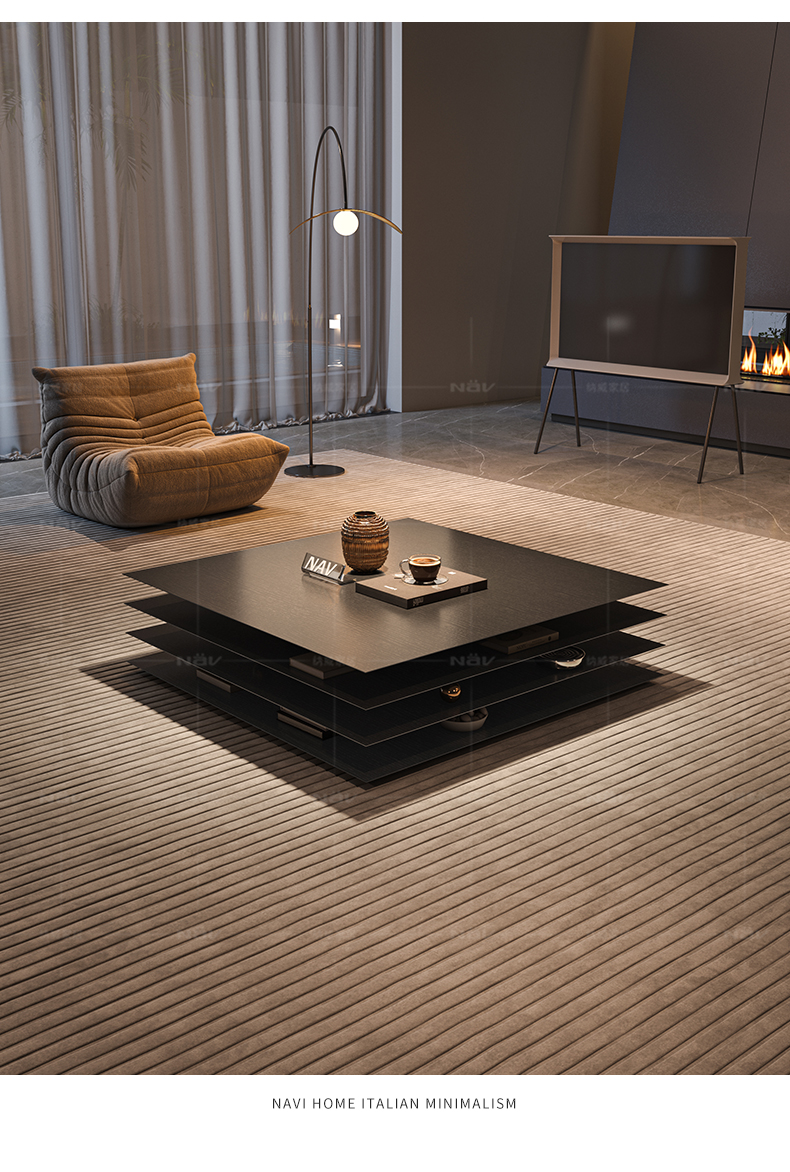 纳威意式极简正方形茶几设计师创意千层蛋糕茶桌胡桃木色2025新款