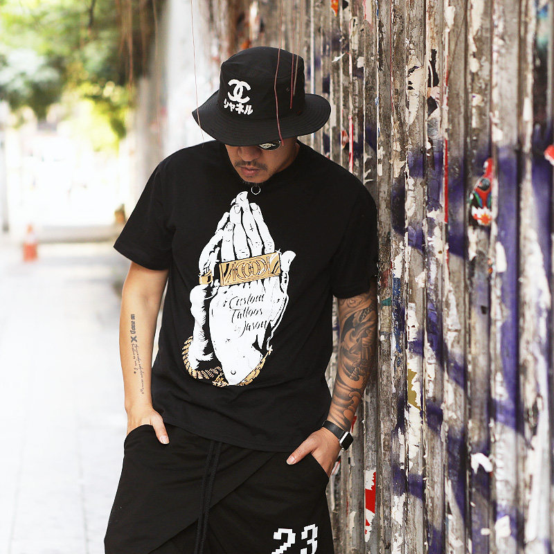 街头个性港风大码 hiphop哈雷摇滚嘻哈短袖t恤潮流男胖子夏季衣服