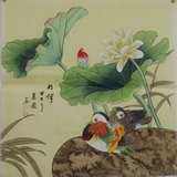 四尺斗方工笔花鸟画国画相伴鸳鸯荷花装饰画