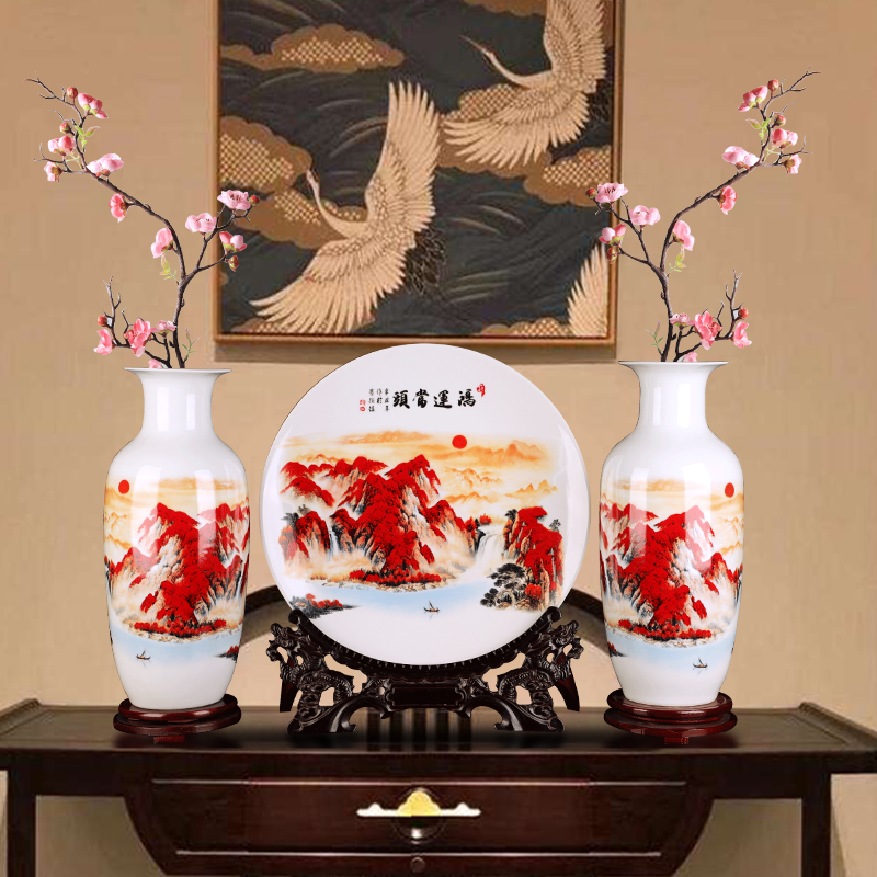 Jingdezhen ceramics vase decoration three - piece suit Chinese style household decoration wine rich ancient frame is placed in the living room