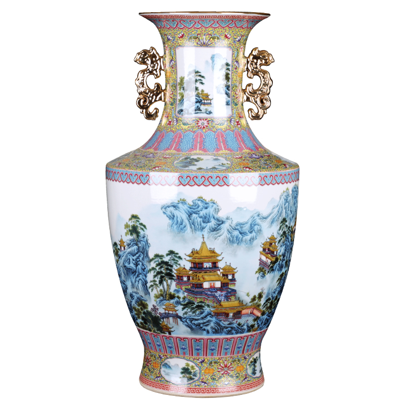 Porcelain of jingdezhen ceramic vases, antique pastel landscape Jin Zhongshuang ear Chinese style living room decoration TV ark, furnishing articles