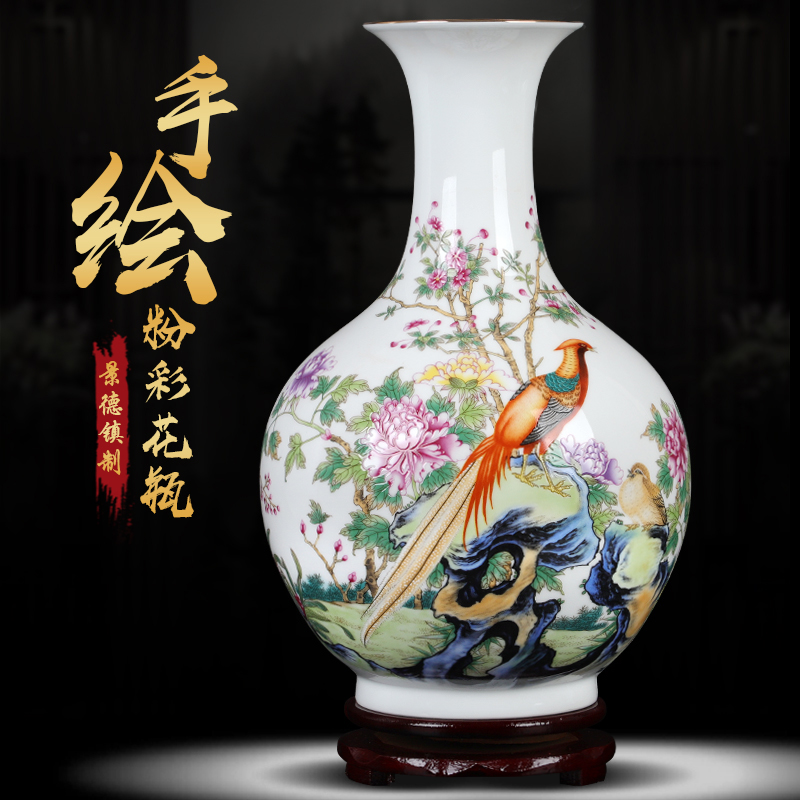 Jingdezhen ceramic powder enamel vase peony flower arrangement sitting room, office decoration furnishing articles large vases