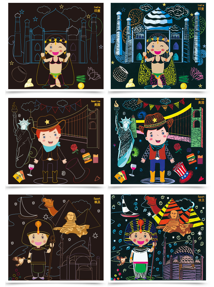 芙蓉天使 世界之旅儿童diy手工刮画纸涂鸦画幼儿园填色炫彩刮刮画
