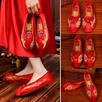 Show Ho Shoes Wedding Shoes Female Midway Bride Wedding Retro Dragon Pineapple 18 New Winter Suede Embroidered Flat Upper Sedan Red Cloth Shoes