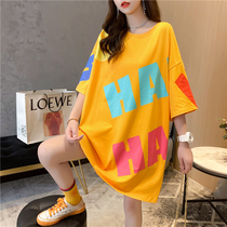 Pregnant woman Xia loaded pure cotton increasing code medium length Korean version loose short sleeve T-shirt female 100 hitch-late not to be explicit