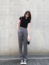 LOSTSOULS Japan loose casual high waist display slim grey western clothing pituitary pants with straight and broad trouser ladies