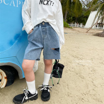 Cong family childrens burr hole denim shorts 2021 spring and summer mens and womens Korean version of loose mid-waist five-point pants tide