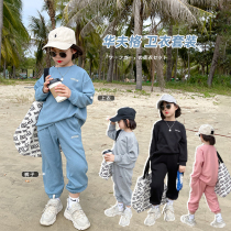 Congjia childrens waffle suit 2021 spring and autumn new mens and womens sweaters and pants small casual two-piece suit
