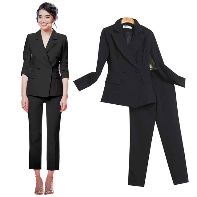 Pure black and white fashion professional suit women's trousers two-piece Korean slim slimming double-breasted small suit jacket trend Pure black and white fashion professional suit women's trousers two-piece Korean slim slimming double-breasted small suit jacket trend