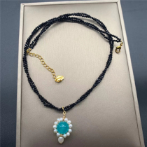 Natural Black Spinel Lock Bone Chain Necklace Woman Matching Sky River Stone Round Pearl Pearl Studded Pendant