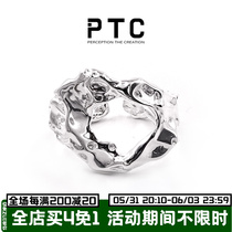 PTC S925 pure silver crowdsourced design irregular lava crewy cold wind hollowed-out opening ring male and female neutral