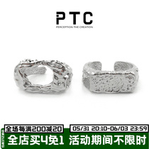 PTC S925 pure silver cold light wind small crowdsquare face hollowed-out design rugged textured opening ring male and female neutral