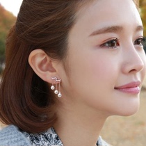 Korean star Liu Renna with 925 sterling silver pearl stud earrings female earrings water drop tassel long zircon earrings