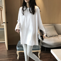 Fall winter plus velvet long sleeve bottoming shirt women's large size loose long white cotton inner round neck T-shirt women