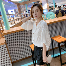 2021 new ladies summer lantern seven-cut sleeve white shirt top fashion loose foreign style design sense minority