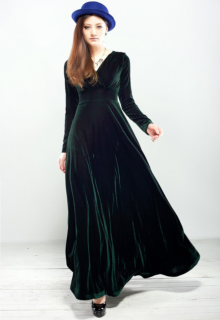 秋冬大码女装欧美外贸长袖v领长款大摆拖地金丝绒长裙连衣裙