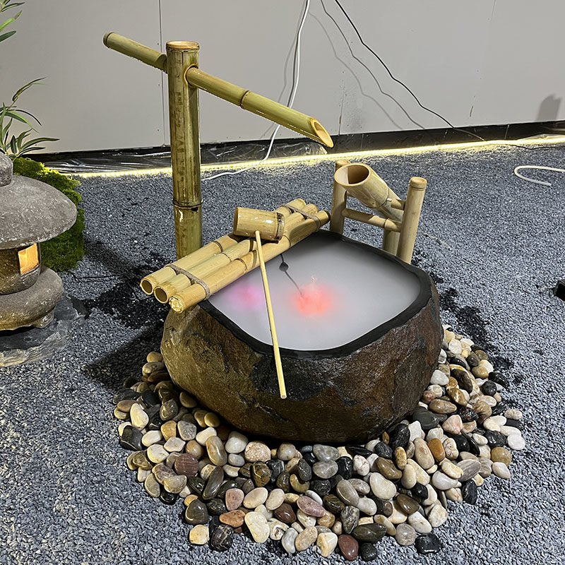 日式庭院石钵惊鹿竹子流水蹲踞滴水户外花园造景观黑山石水钵摆件