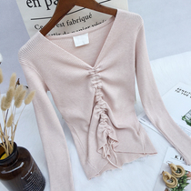 V-neck pullover sweater womens 2018 autumn new Korean slim drawstring long-sleeved top top sexy versatile