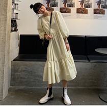 Dress Korean version 2021 Ghost Horse Girl Spring New temperament bubble sleeve small square collar long knee skirt