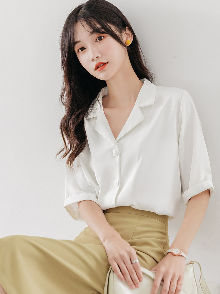 6273春季新款白衬衣职业雪纺白色衬衫女士设计感小众中袖气质上衣