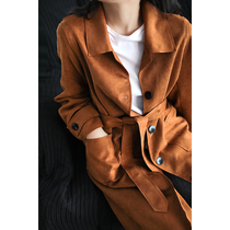 Small ear suede medium and long coat autumn and winter waist lace commute solid color single-breasted thin windbreaker