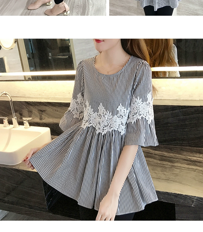 Phụ nữ mùa hè Tất cả phù hợp với áo sơ mi Ruffled Doll rỗng Fluffy Loose Trumpet Sleeve Voan ren T-shirt Phụ nữ hàng đầu - Áo sơ mi chiffon ren