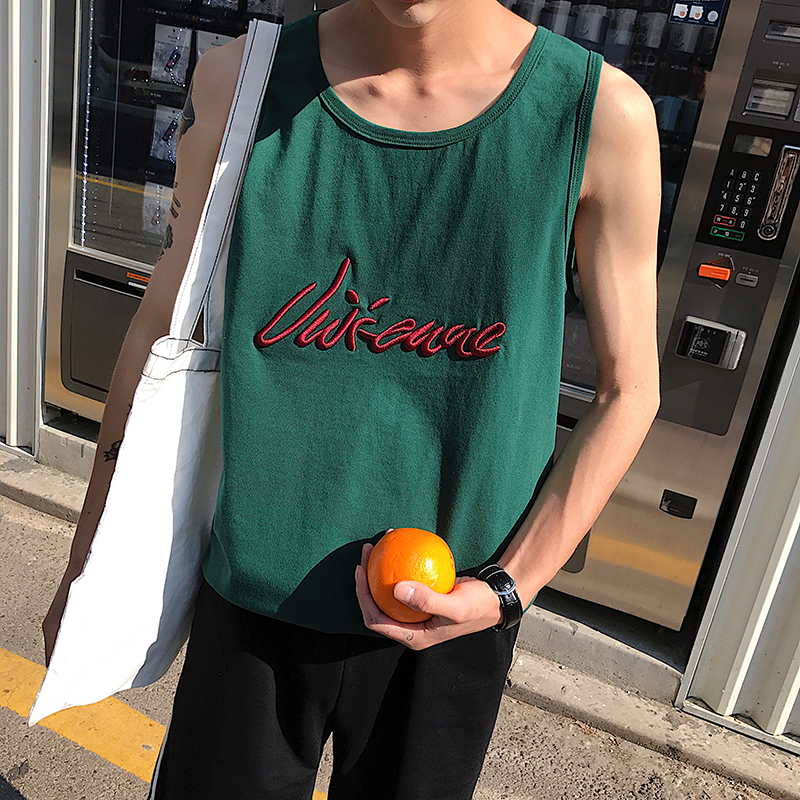 日系新品夏季男士刺绣汗衫背心薄款宽松简约百搭无袖马甲青年潮流