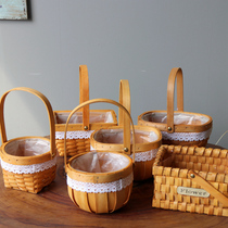 Pastoral wood flower basket mini portable flower basket flower arrangement decoration flower basket gift hand basket storage basket storage basket