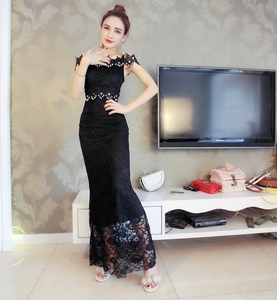 Sexy one line neckline lace slim fishtail Handmade Beaded Evening Dress