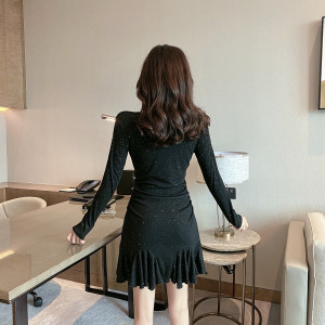 Nightclub sexy long sleeve round neck glitter fashion waistband fishtail Ruffle Dress