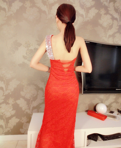 Sexy slant shoulder Sequin lace slim fishtail buttock high slit nightclub long evening dress