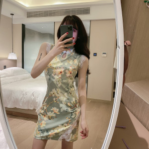 Sexy nightclub hollowed out temperament improved cheongsam lace slim wrap hip split dress