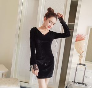 Autumn and winter temperament velvet long sleeve slim slim bottomed skirt hip dress dress