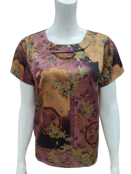 Mom's summer silk top middle-aged and elderly women's short round neck mulberry silk short-sleeved T-shirt loose shirt Mom's summer silk top middle-aged and elderly women's short round neck mulberry silk short-sleeved T-shirt loose shirt