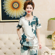 Middle-aged pajamas womens summer pure cotton short-sleeved thin summer home clothes three-point pants suit middle-aged mother