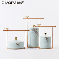 New Chinese ceramic storage ornaments light luxury model room storage decorations modern simple porch ancient frame furnishings